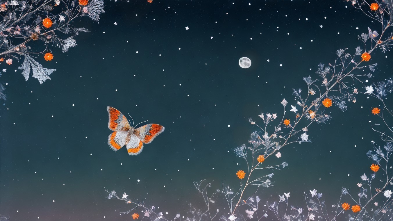 Night Sky with Stars, Moon, Butterfly, and Flowers