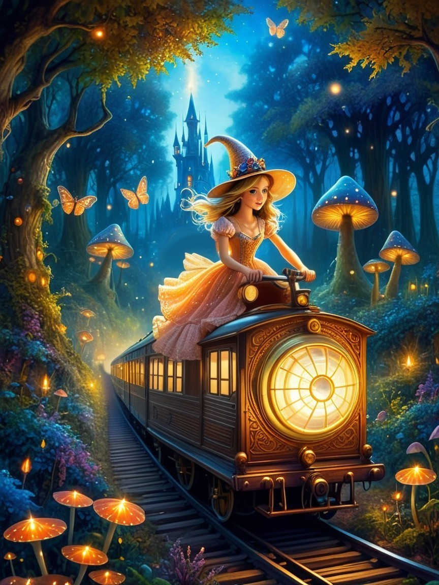 Young girl on steam train in enchanted forest scene
