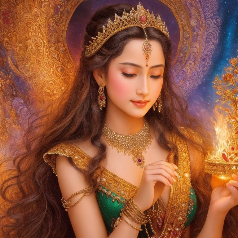 Illustrated woman with long hair in golden crown holding lit lamp amidst warm-hued patterns