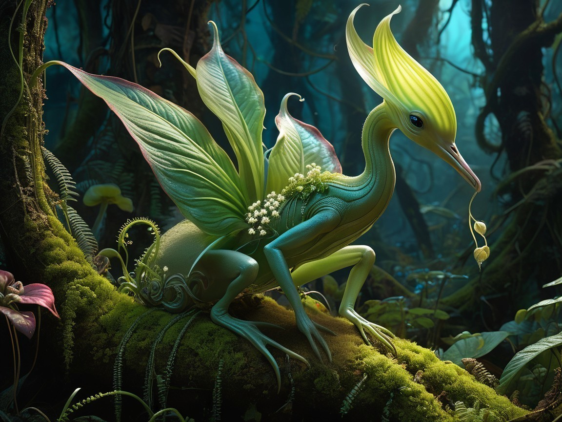 Fantastical Creature with Bird and Plant Features