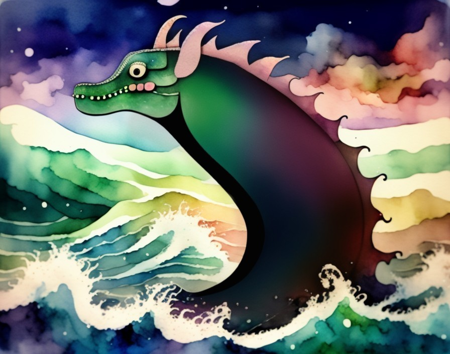 Whimsical Sea Creature Amid Vibrant Waves and Sky