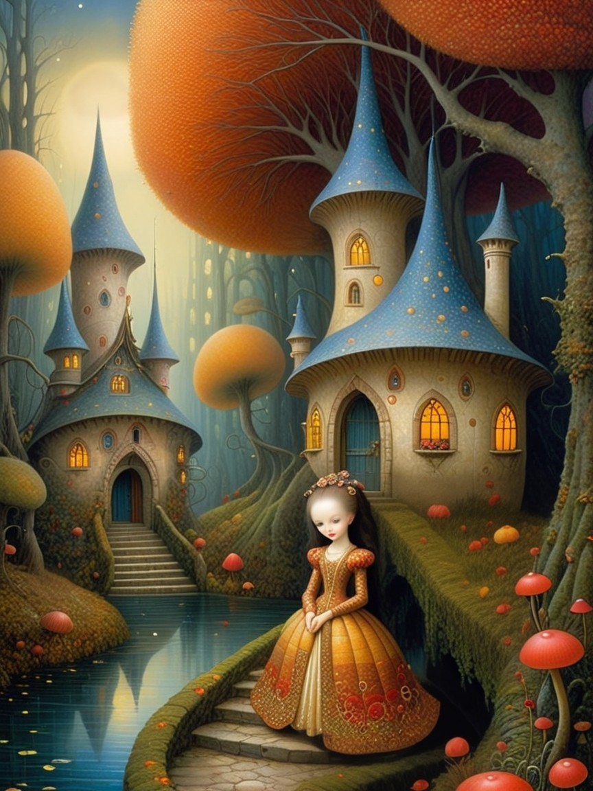 Whimsical Forest Scene with Mushroom Houses and Stream