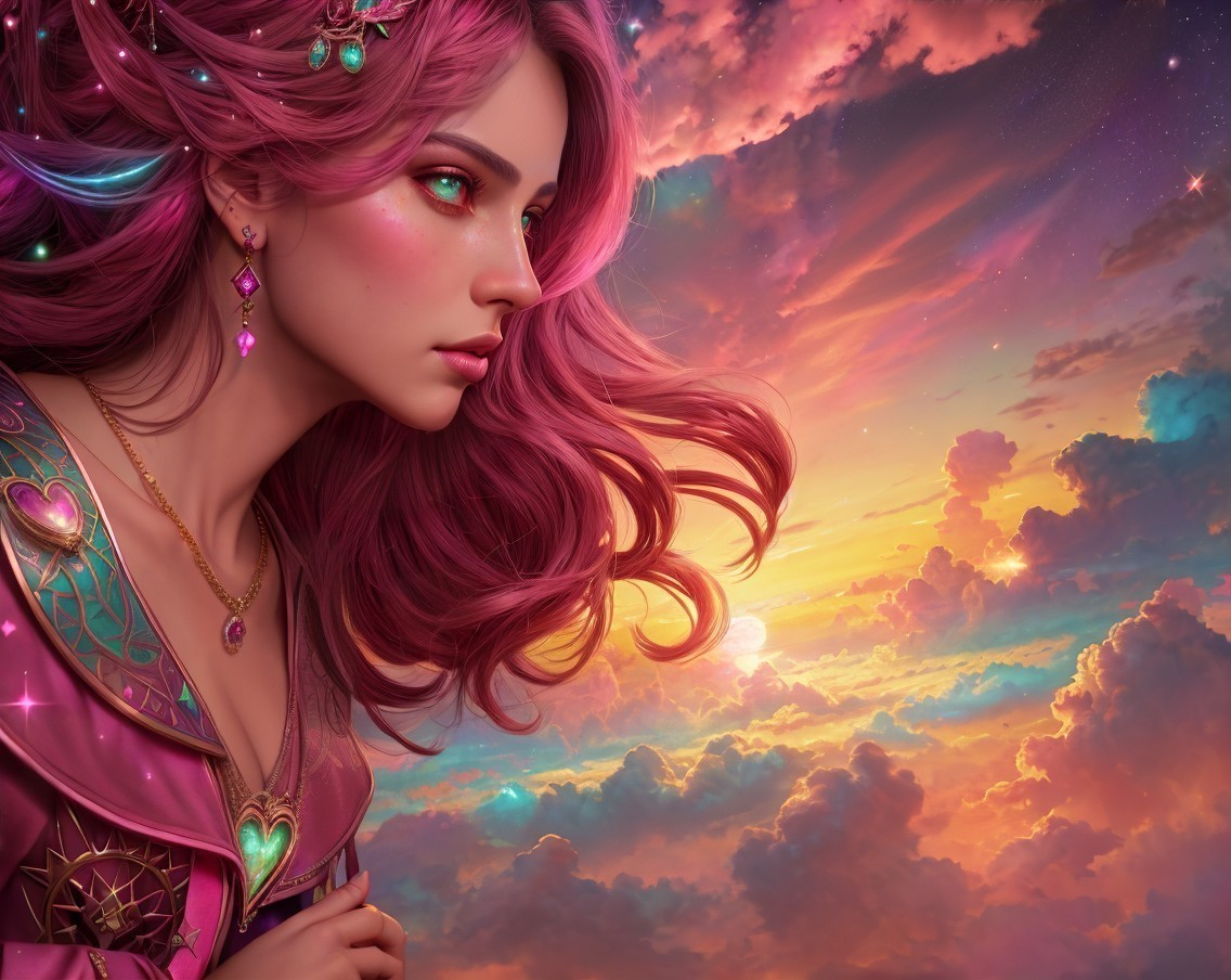 Digital Artwork of Woman with Pink Hair at Sunset