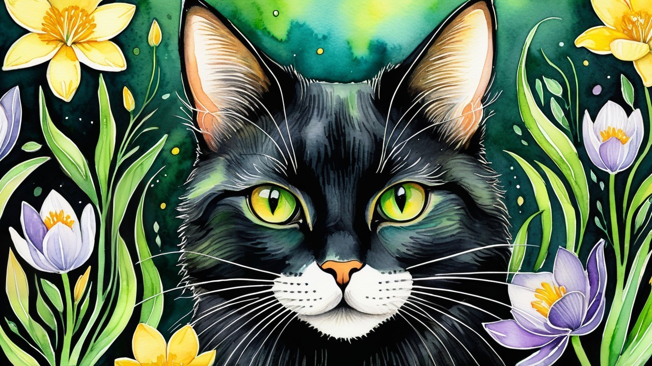 Close-Up of a Black Cat with Green Eyes and Flowers