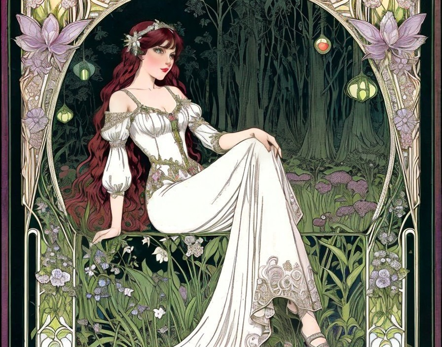 Graceful Woman in White Gown Surrounded by Nature