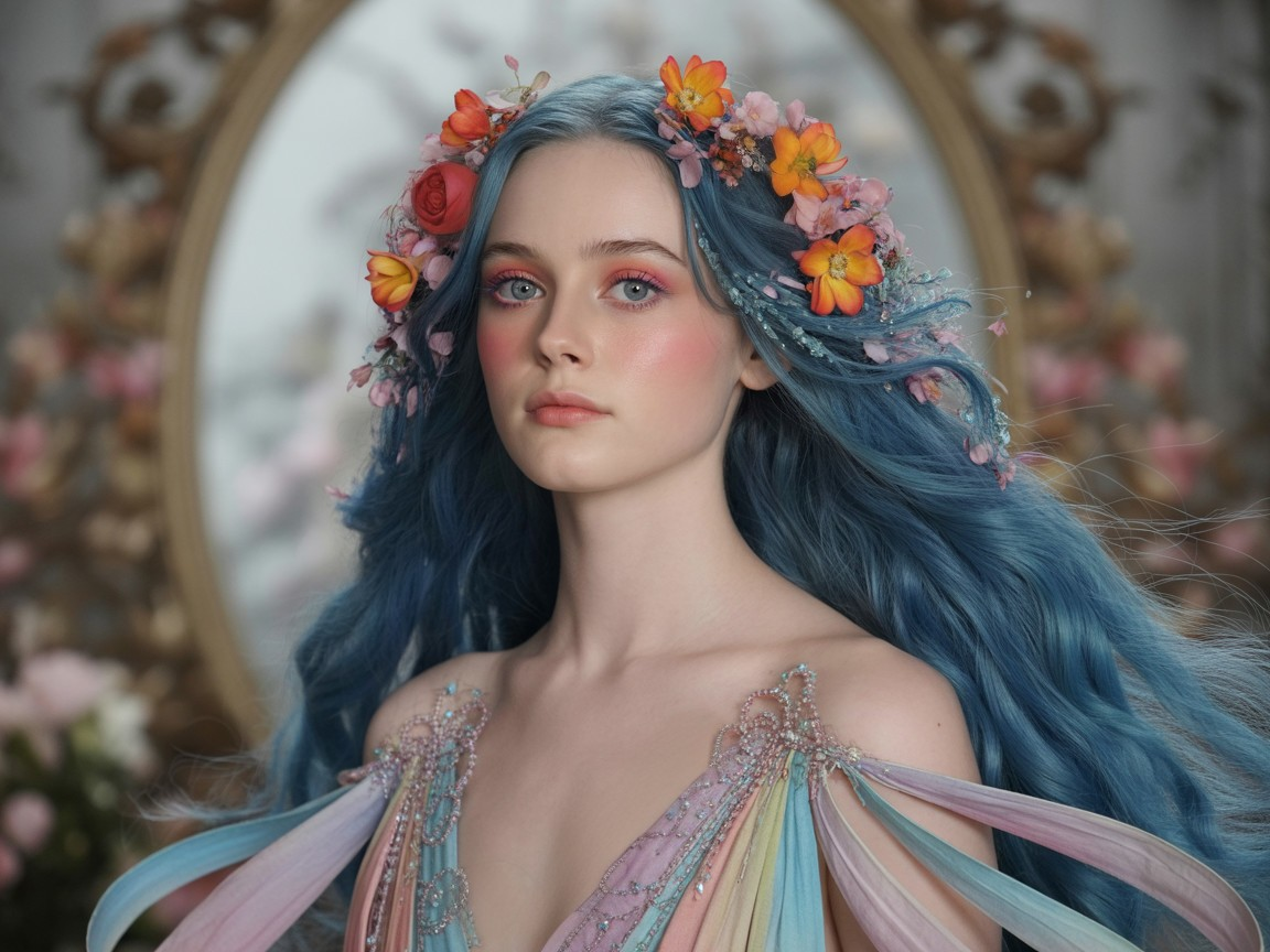 Ethereal Woman with Blue Hair and Floral Accents