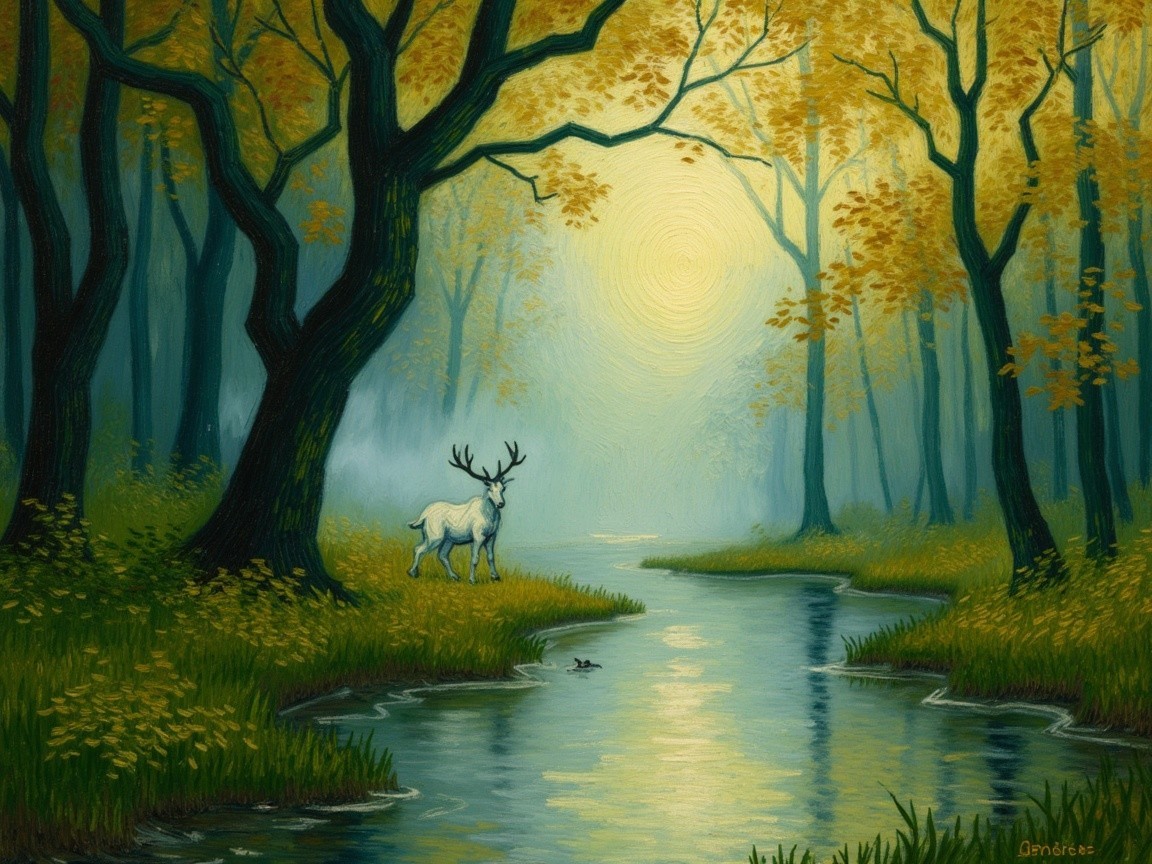 Majestic White Deer in Serene Autumn Forest Scene