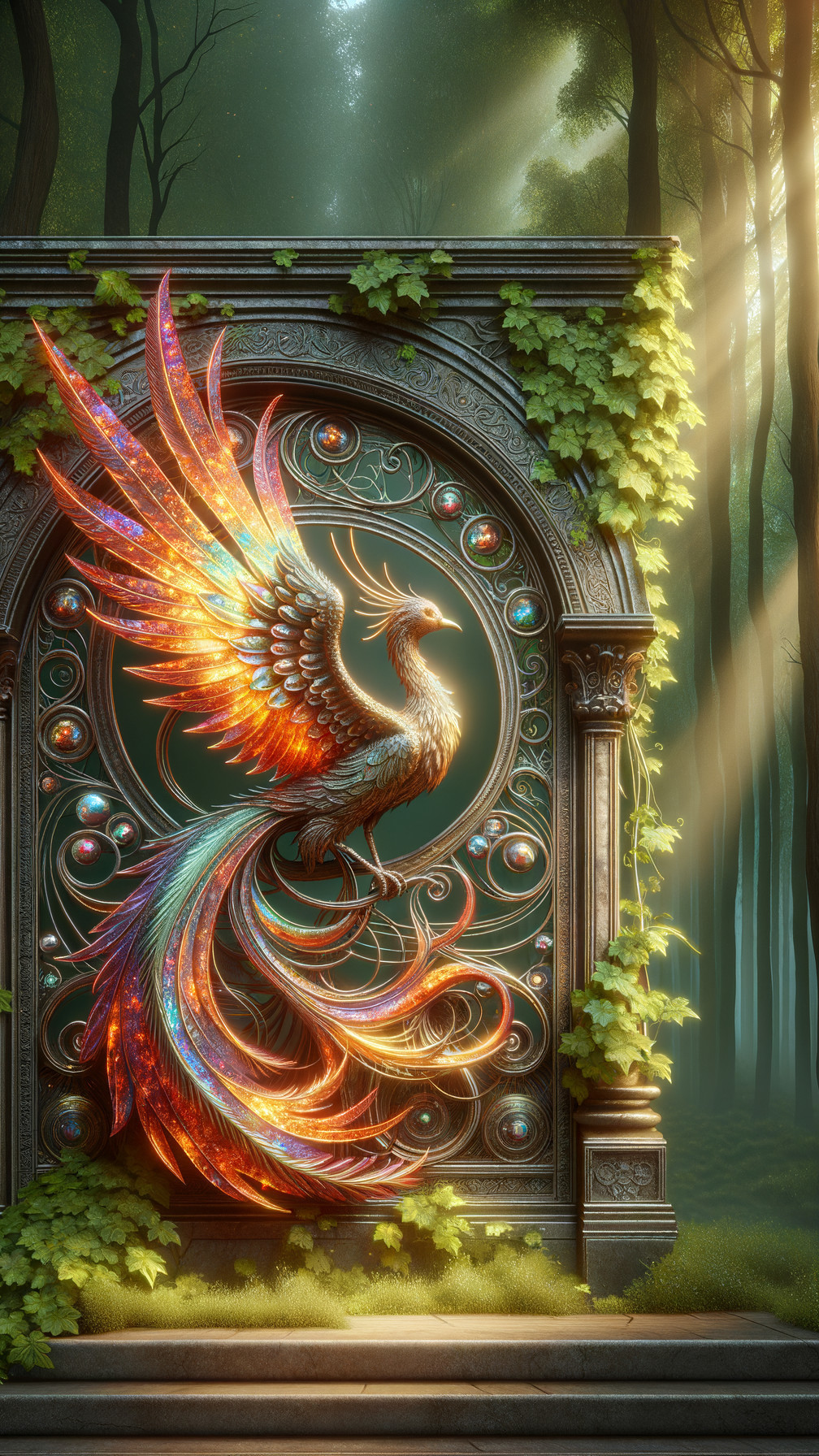 Phoenix Emerging from Ornate Stone Archway in Forest