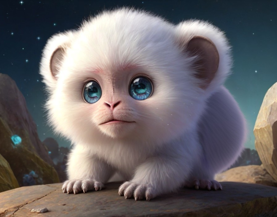 Fluffy white fantasy creature with large blue eyes on rock under starry night