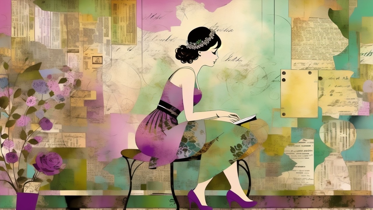Elegant Woman in Purple Dress Reading in Whimsical Setting