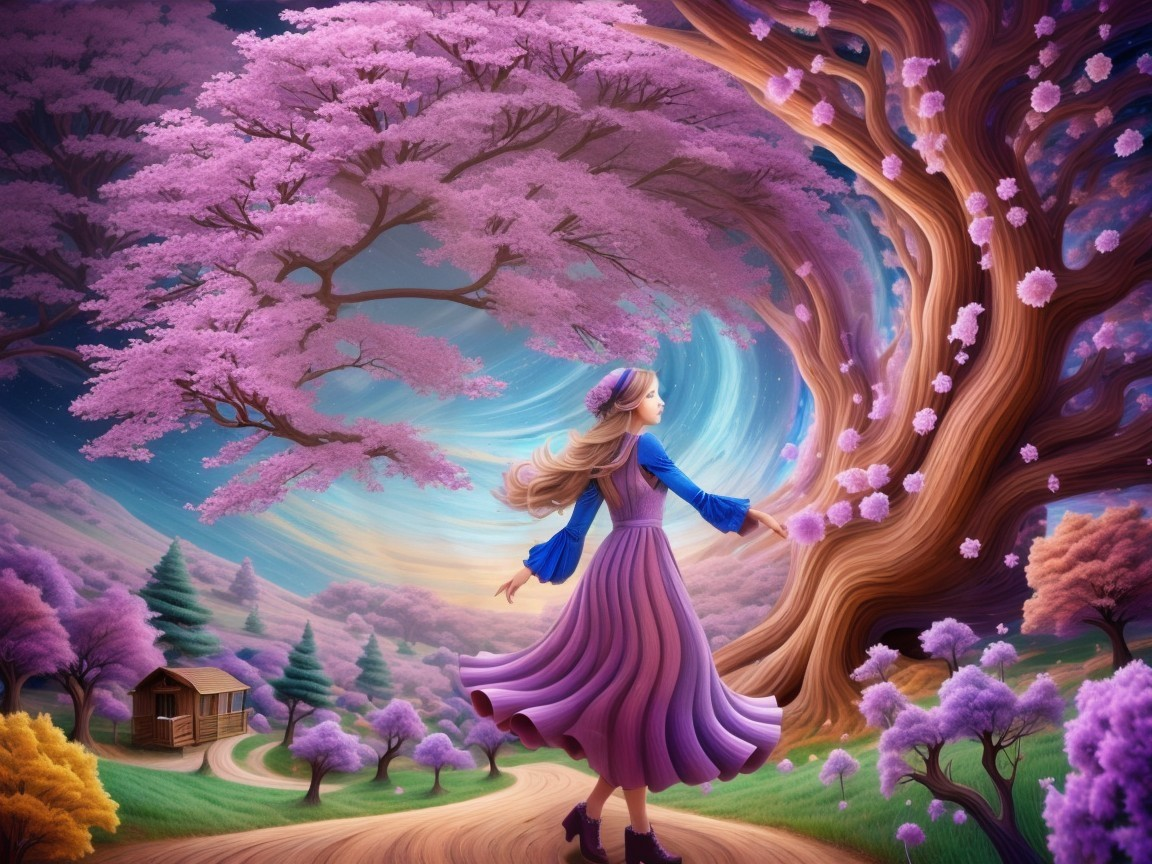 Dreamy Landscape with Whimsical Girl in Purple Dress
