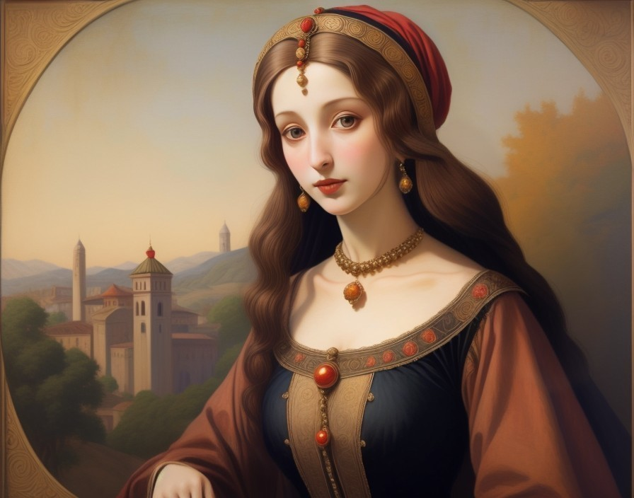 Portrait of a Woman in Elegant Attire and Scenic Background