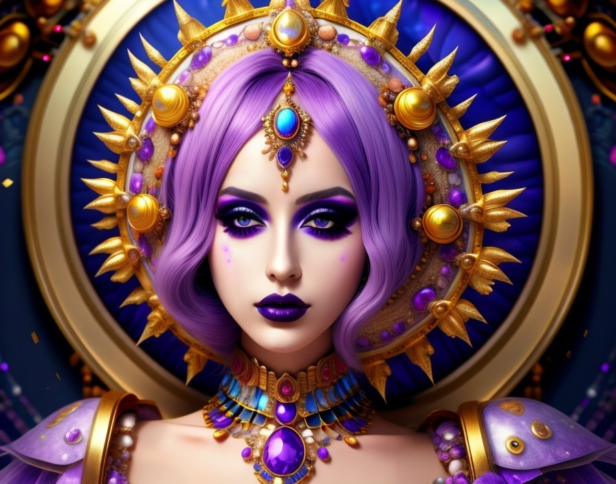 Lavender-haired Female Figure with Golden Crown and Jewelry