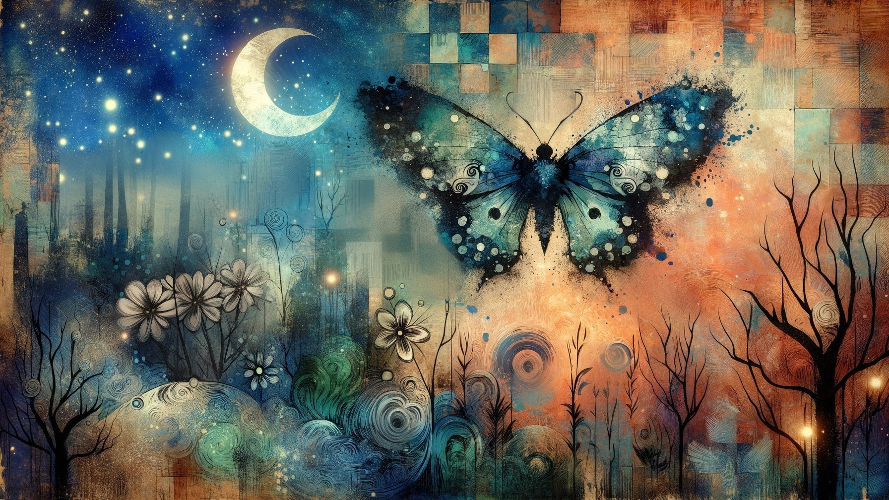 Ornate Butterfly in Abstract Floral Scene with Moon