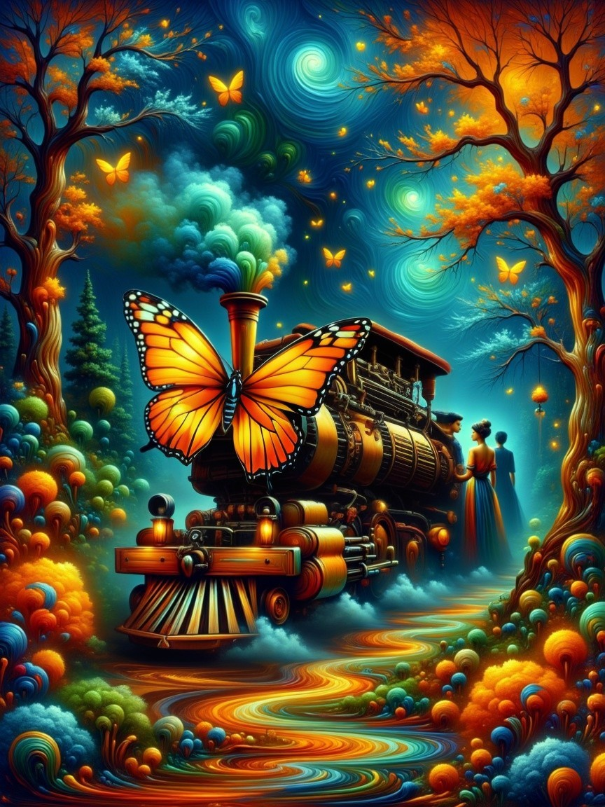 Vintage steam train in a vibrant, magical landscape