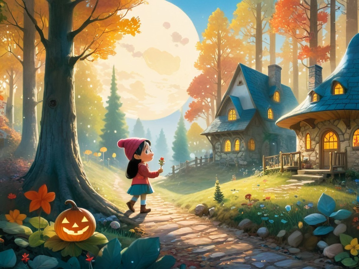Charming Autumn Scene with Girl and Cozy Cottages