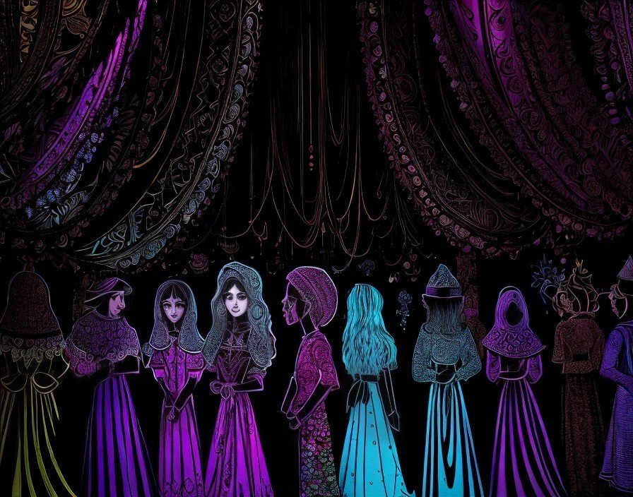 Elegant Figures in Colorful Gowns Under Soft Lighting