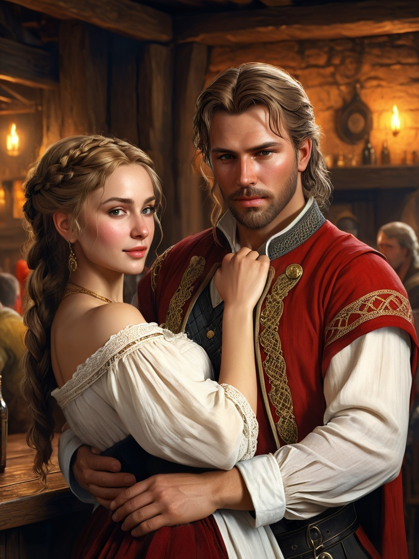 Couple Embraces in Warmly Lit Rustic Tavern Setting