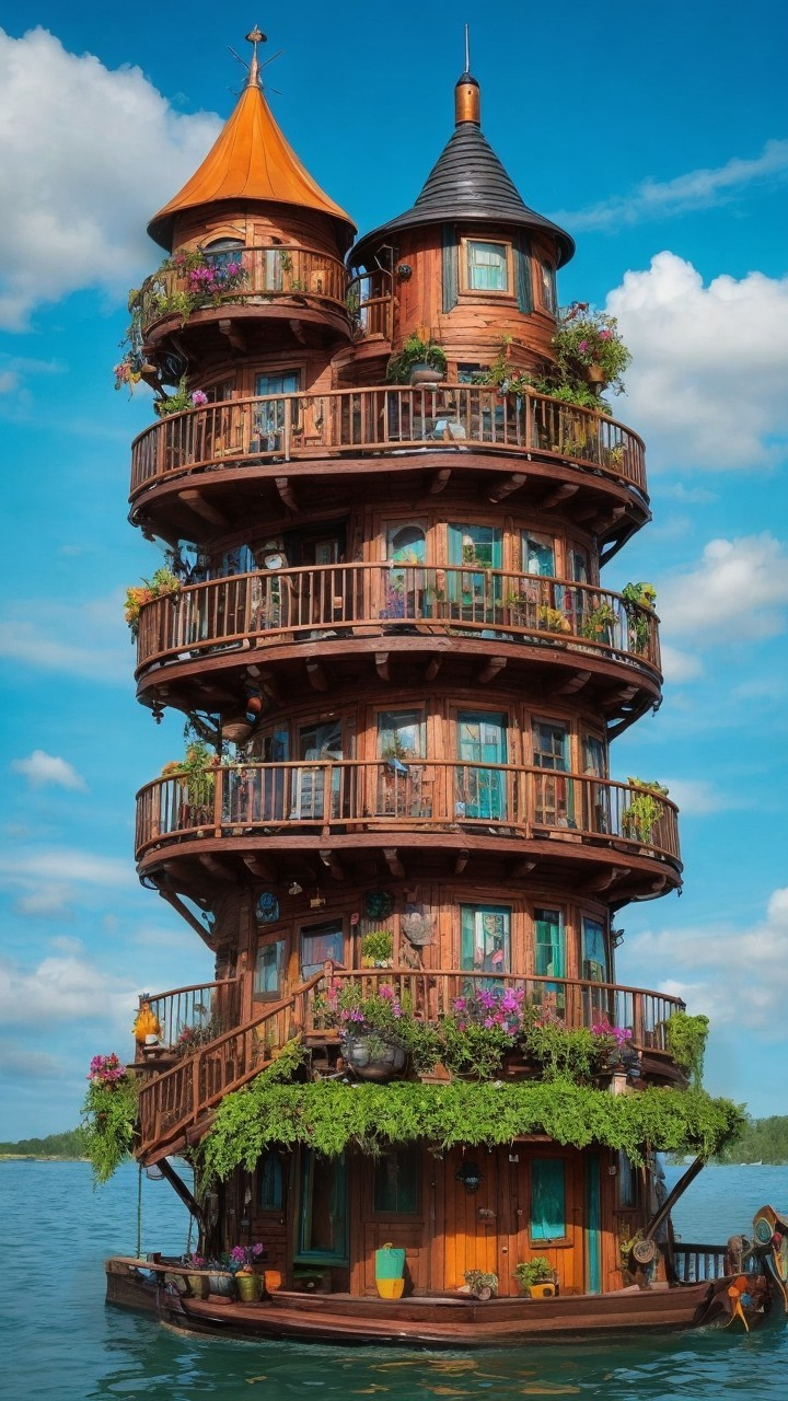 Whimsical Wooden Tower with Balconies on Water