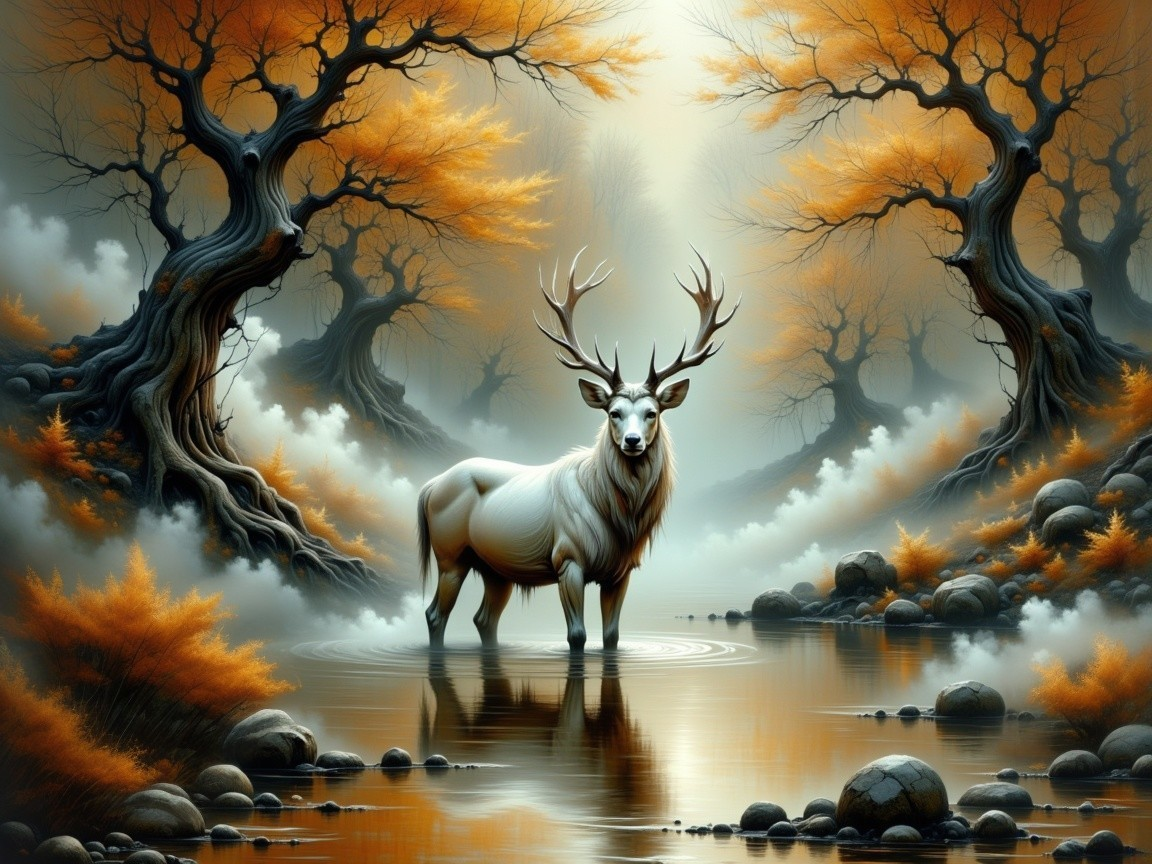 Majestic white stag in misty autumn landscape