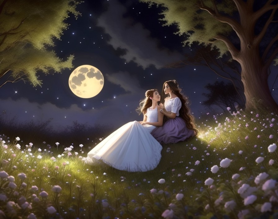 Moonlit Garden Scene with Two Girls in Gowns