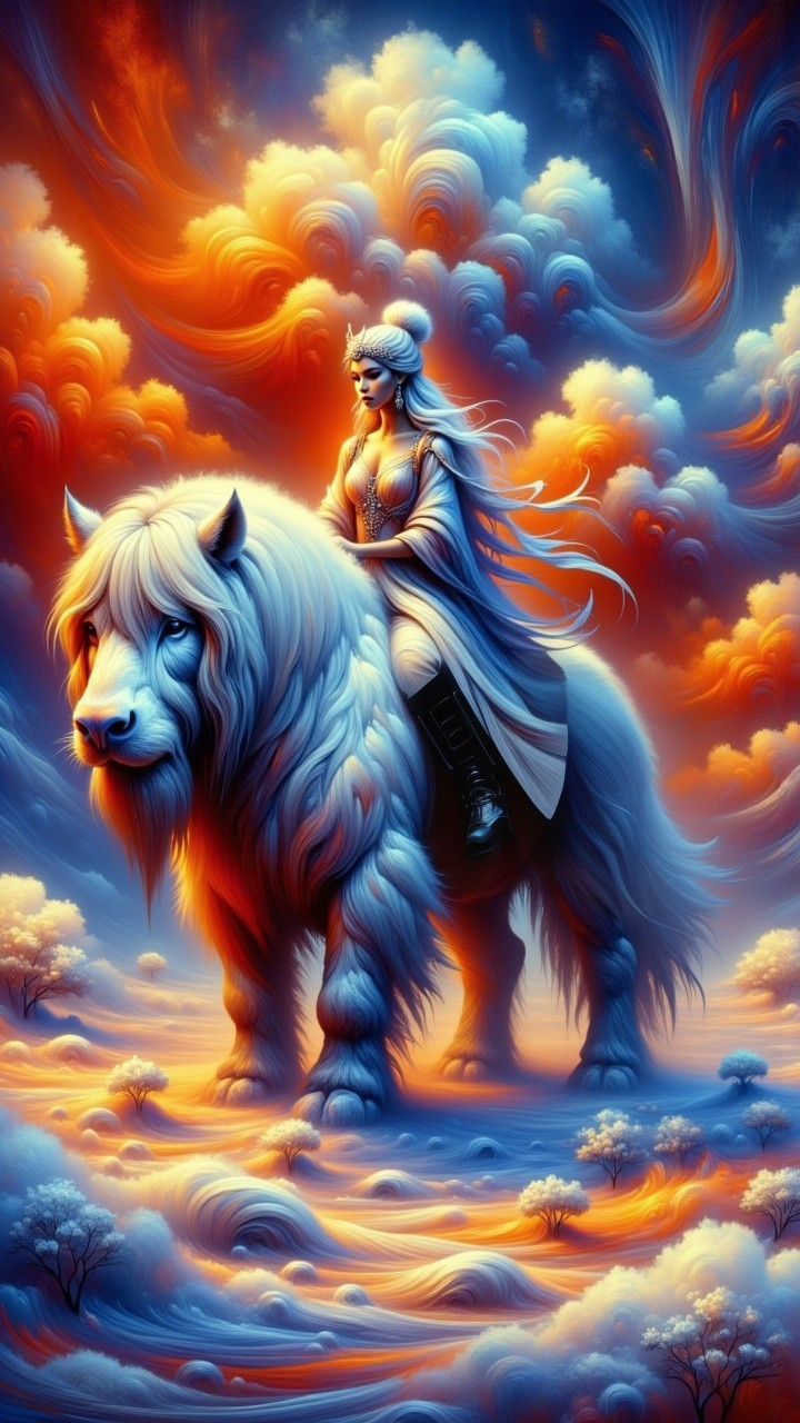 Surreal Landscape with Majestic Rider and Lion
