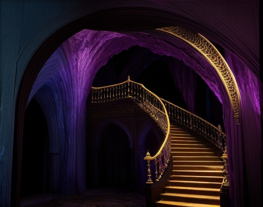 Ornate Curved Staircase with Purple Light and Gold Railings