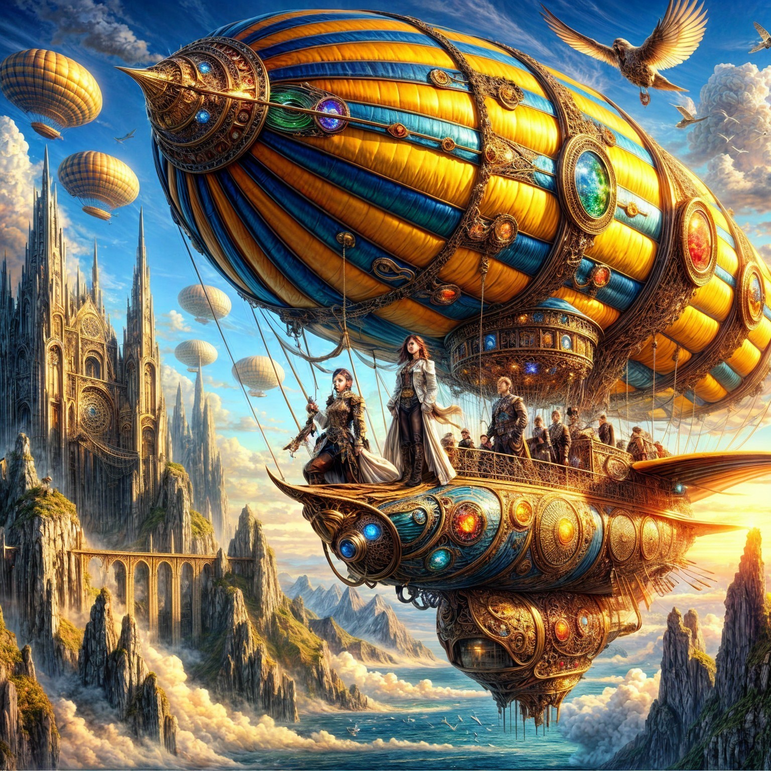 Intricate Steampunk Airship Over Majestic Landscape