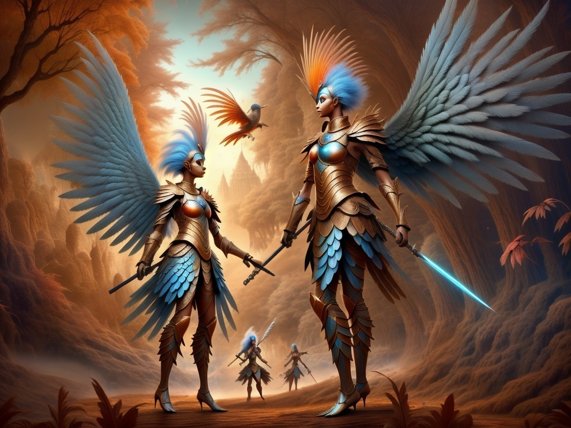 Armored angelic warriors in a mystical forest setting