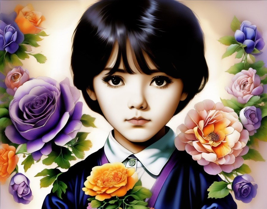 Portrait of a Child Surrounded by Colorful Roses