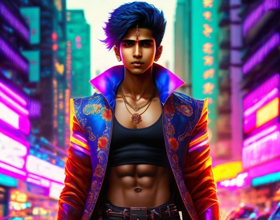 Stylish Young Man in Neon Urban Fashion Setting