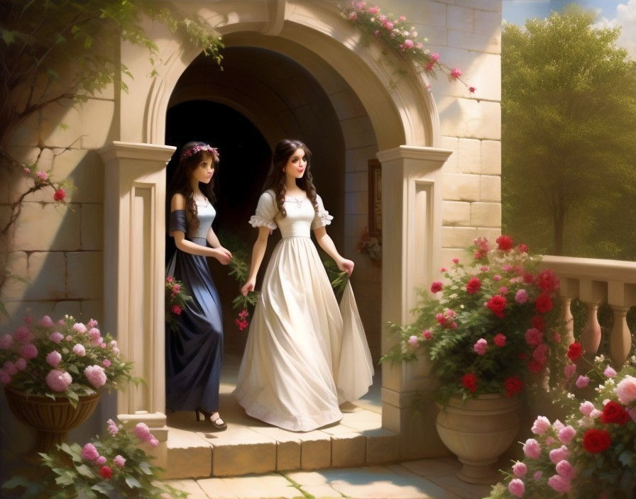 Young Women in Floral Archway Surrounded by Nature