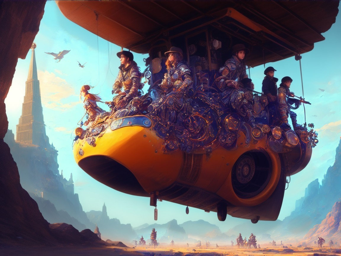 Steampunk Airship Over Fantastical Landscape Scene