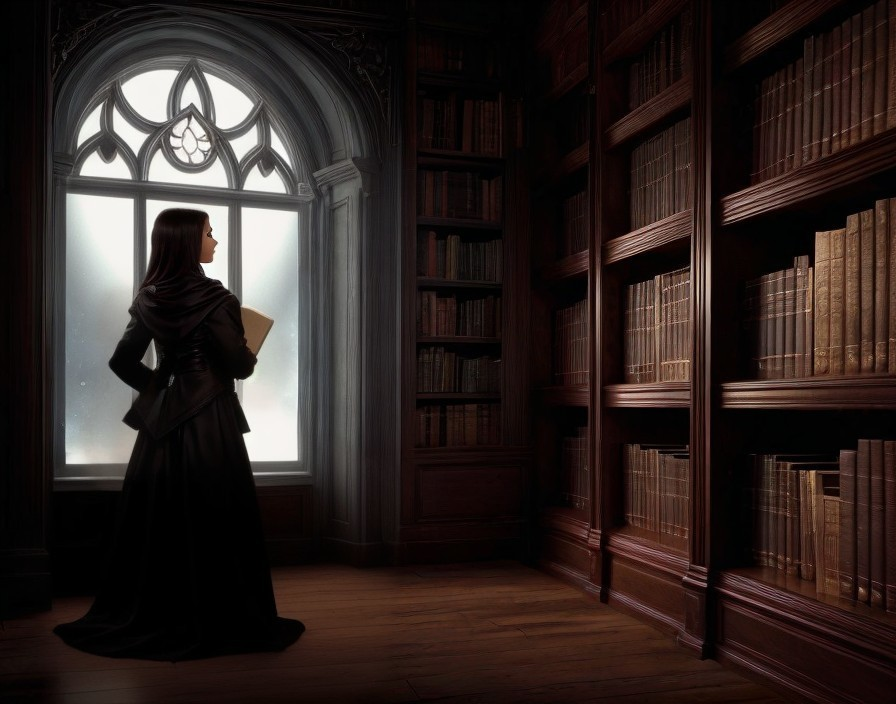 Mysterious Woman in Dimly Lit Library with Bookshelves