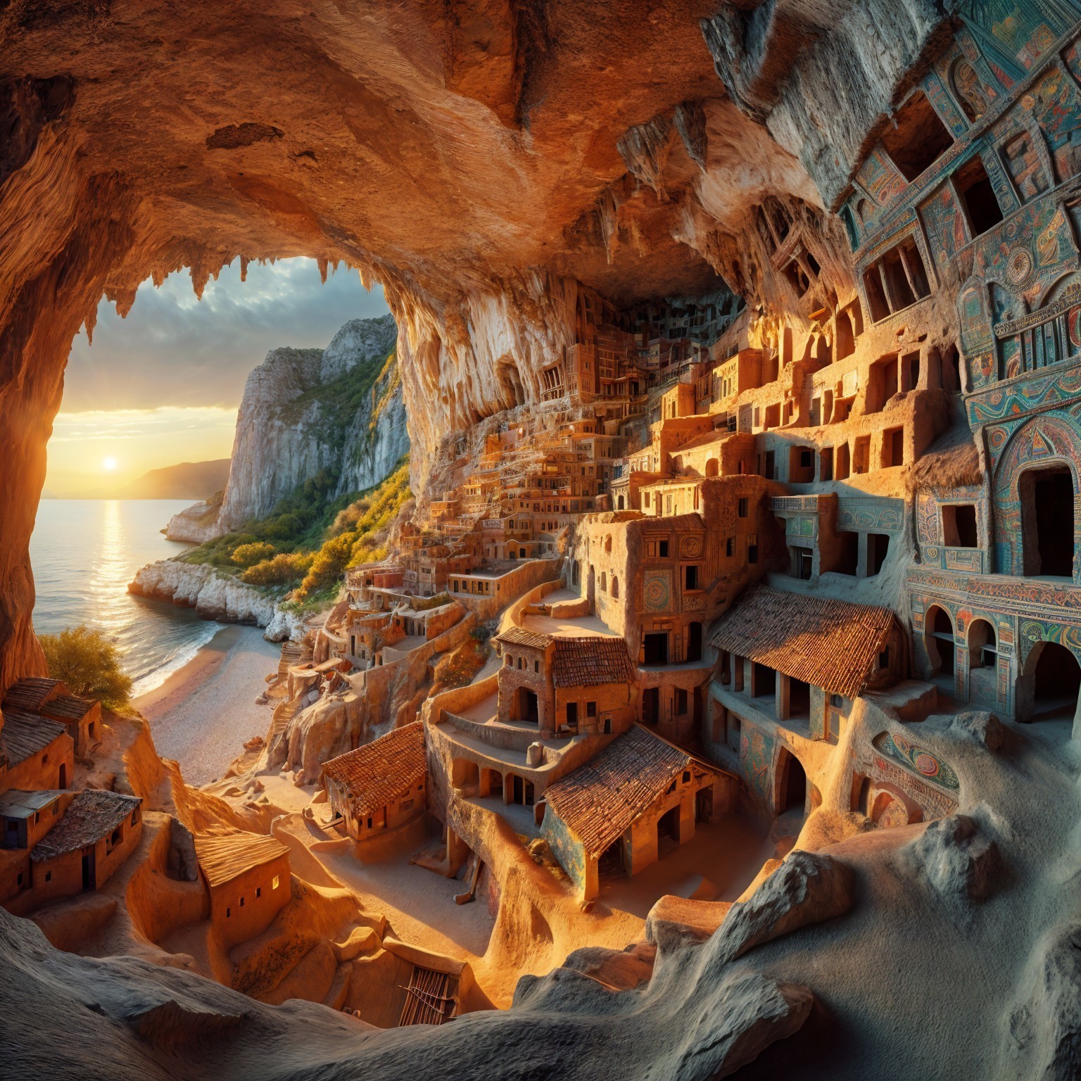 Cave Complex with Ancient Dwellings at Sunset