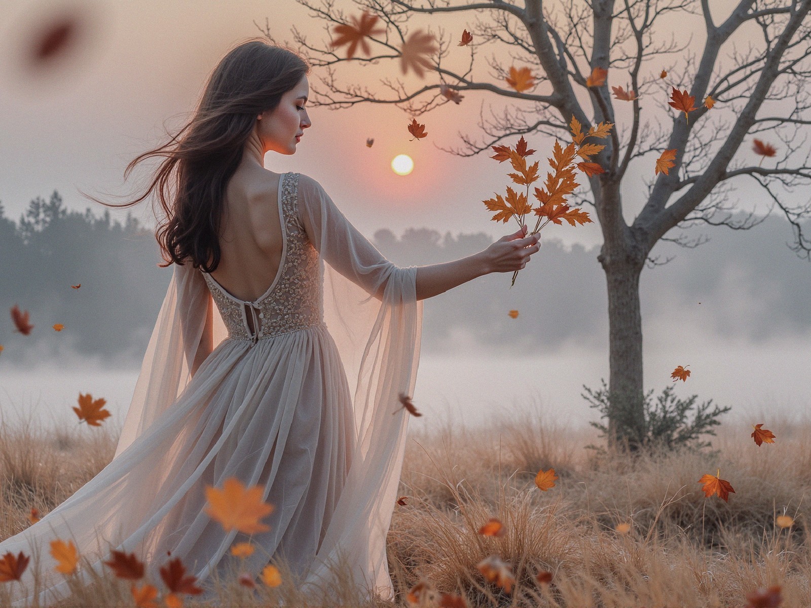 Young Woman in Autumn Landscape with Vibrant Leaves