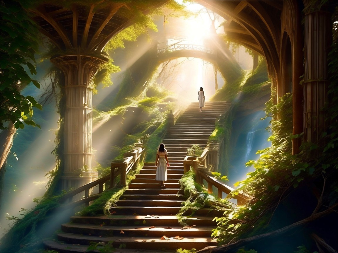 Mystical forest with grand staircase and serene atmosphere