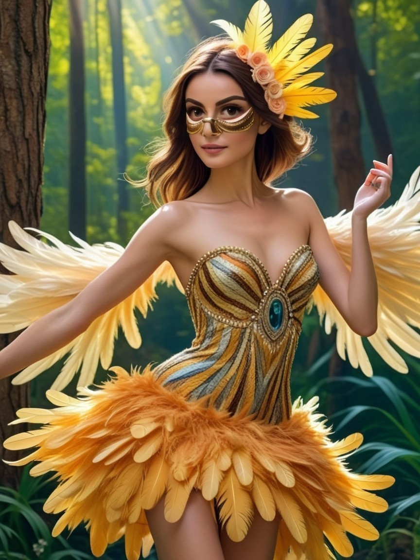 Graceful Figure in Vibrant Feathered Costume in Forest