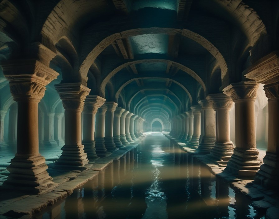 Underground Passageway with Arches and Reflective Water