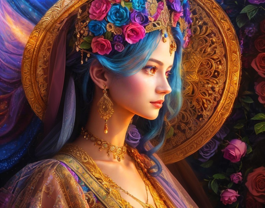 Portrait of Woman with Blue Hair and Flower Crown on Ornate Golden Background