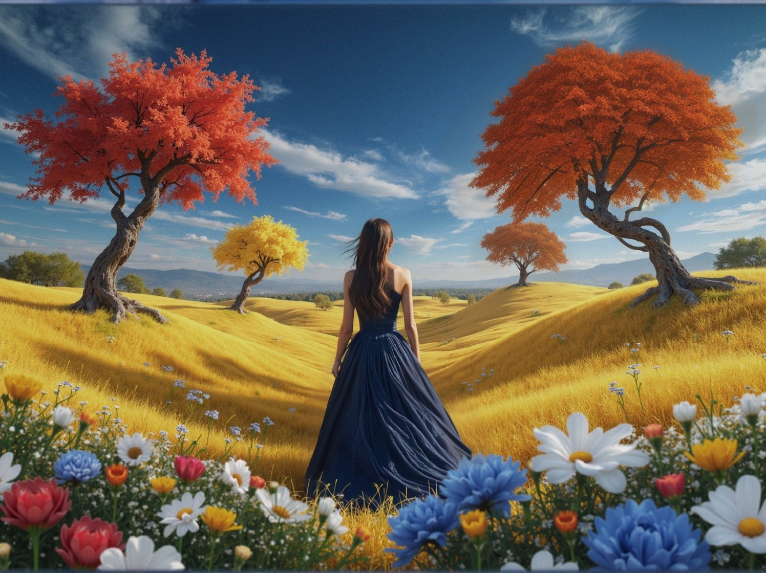 Serene Landscape with Woman in Blue Dress and Vibrant Fields