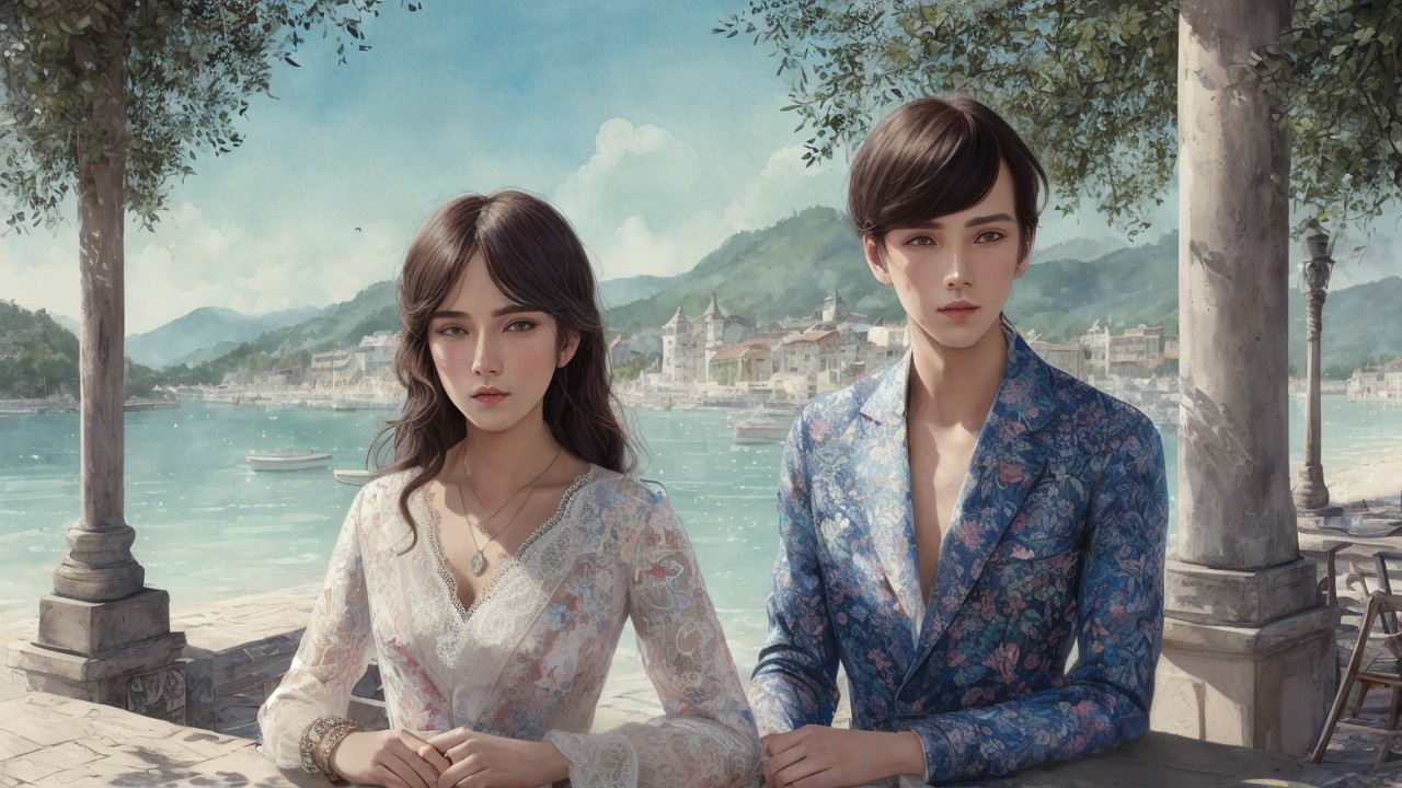 Elegant Riverside Scene with Figures in Attire