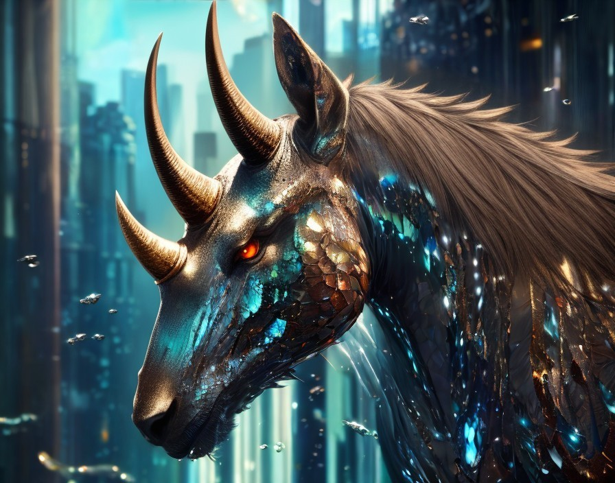 Majestic Dragon-Unicorn Hybrid in Futuristic City