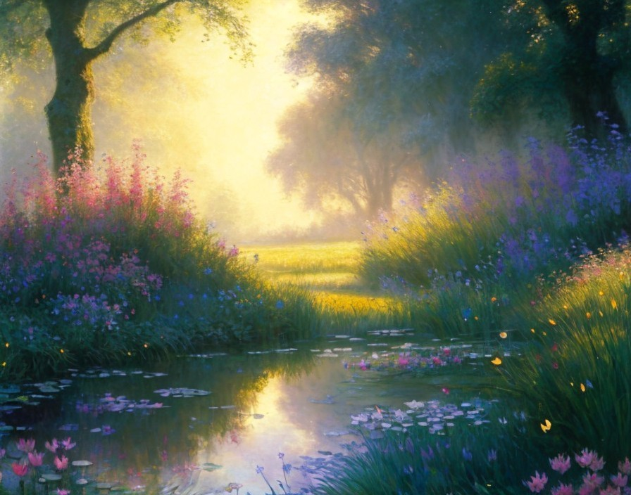 Serene Landscape with Stream and Vibrant Wildflowers