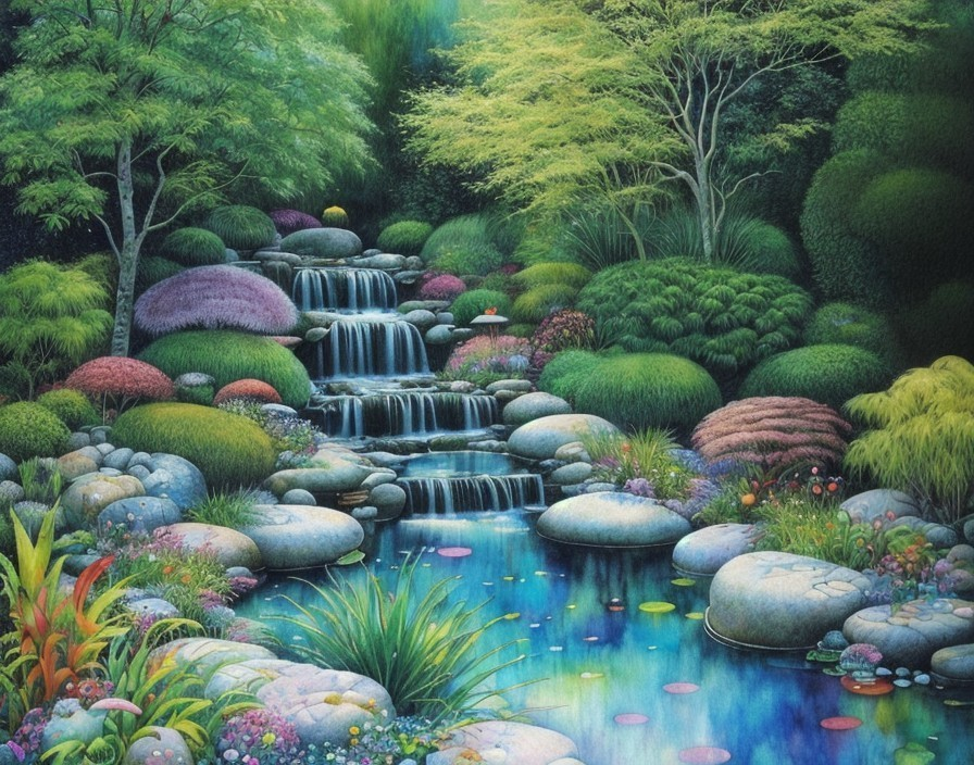 Tranquil garden scene with waterfall, flowers, topiary, and pond