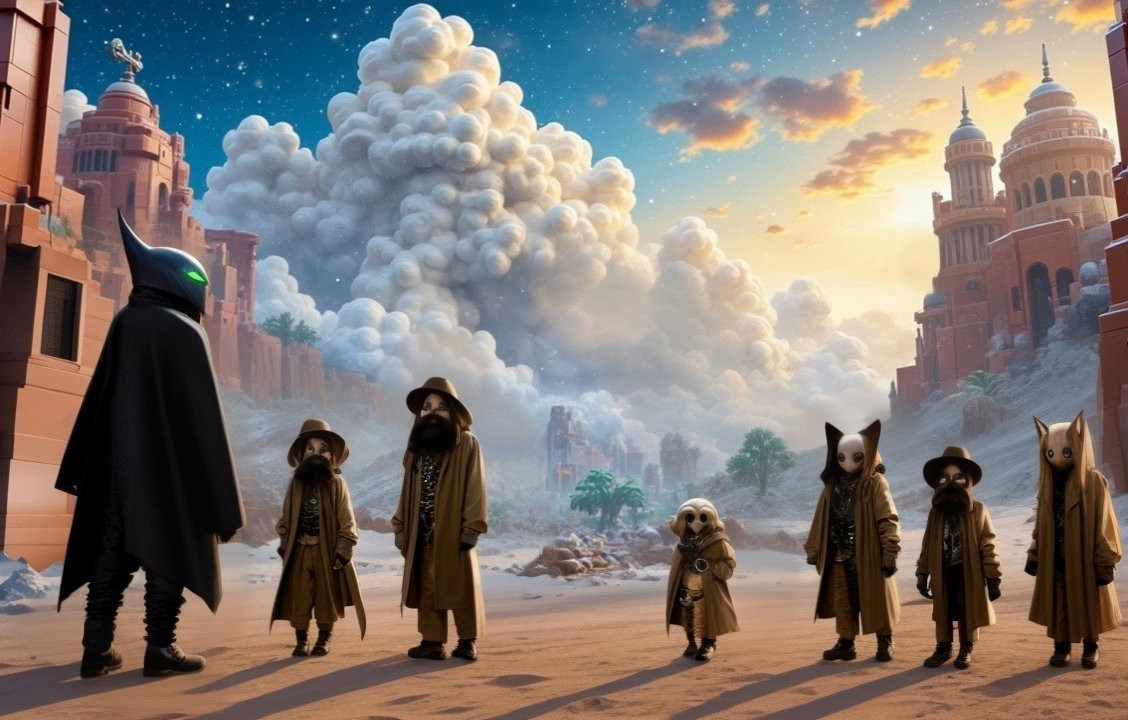 Mysterious Figure in Desert with Anthropomorphic Companions