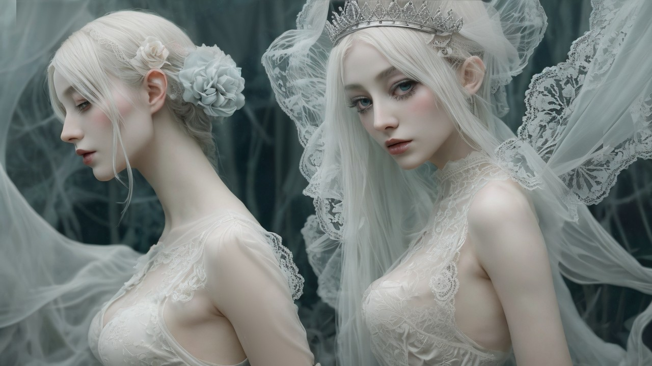 Ethereal Figures in Sheer Gowns and Mystical Setting