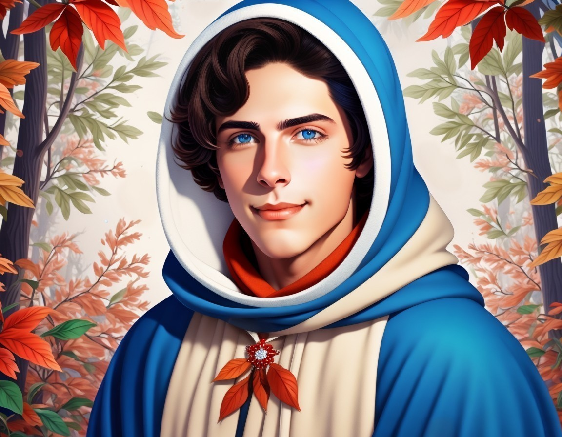 Young man in blue cloak amidst autumn foliage