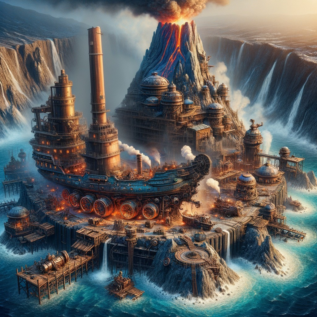 Steampunk Island with Volcano and Intricate Machinery