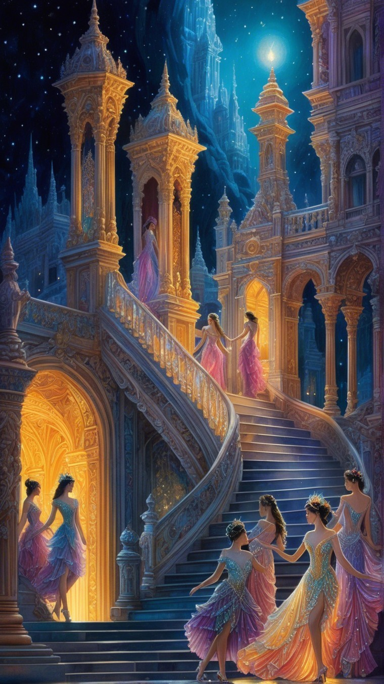 Elegant Figures on Grand Staircase in Enchanting Setting